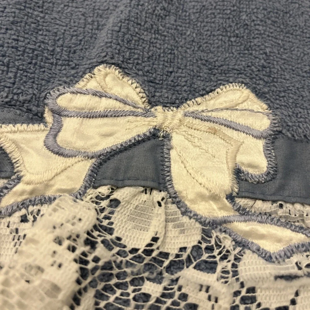 Vintage Hand Towel‎ Elizabeth Gray JC Penney Denim Blue Ivory Lace Satin Bow